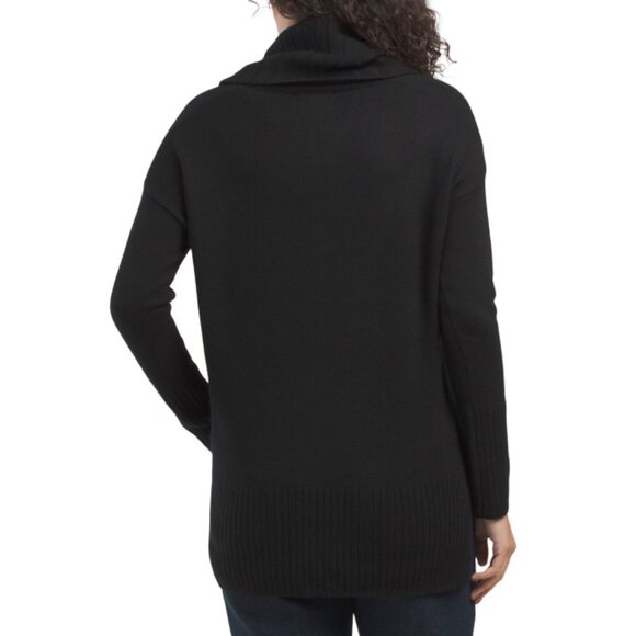 H HALSTON Black Merino Wool Cowl Neck Sweater With Wide Ribbed Hem And Cuffs - Picture 2 of 2